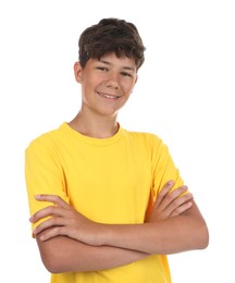 Photo of Portrait of teenage boy on white background