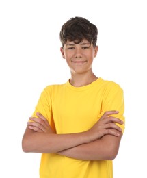 Photo of Portrait of teenage boy on white background
