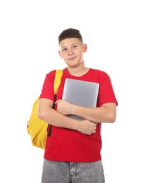 Photo of Teenage boy with laptop and backpack on white background