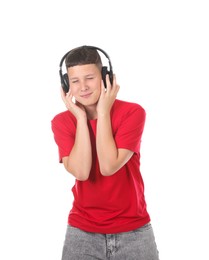 Photo of Teenage boy in headphones on white background