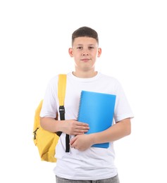 Photo of Teenage boy with notebook and backpack on white background