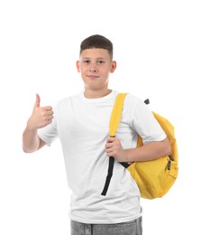 Photo of Teenage boy with backpack showing thumbs up on white background