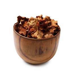Photo of Dried chanterelle mushrooms in bowl isolated on white
