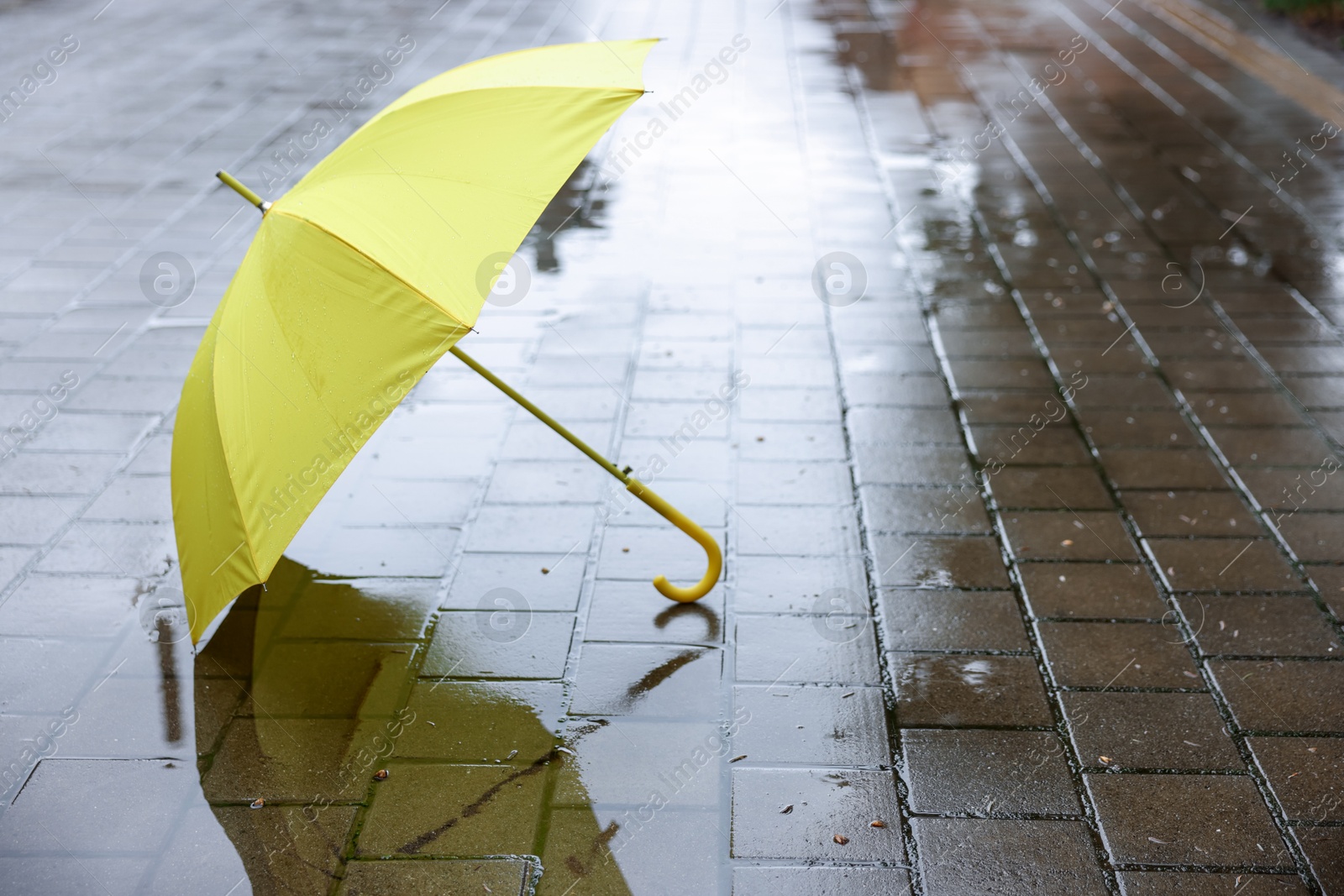 Yellow umbrella on wet asphalt outdoors, space for text Photo of Yellow umbrella on wet asphalt outdoors, space for text