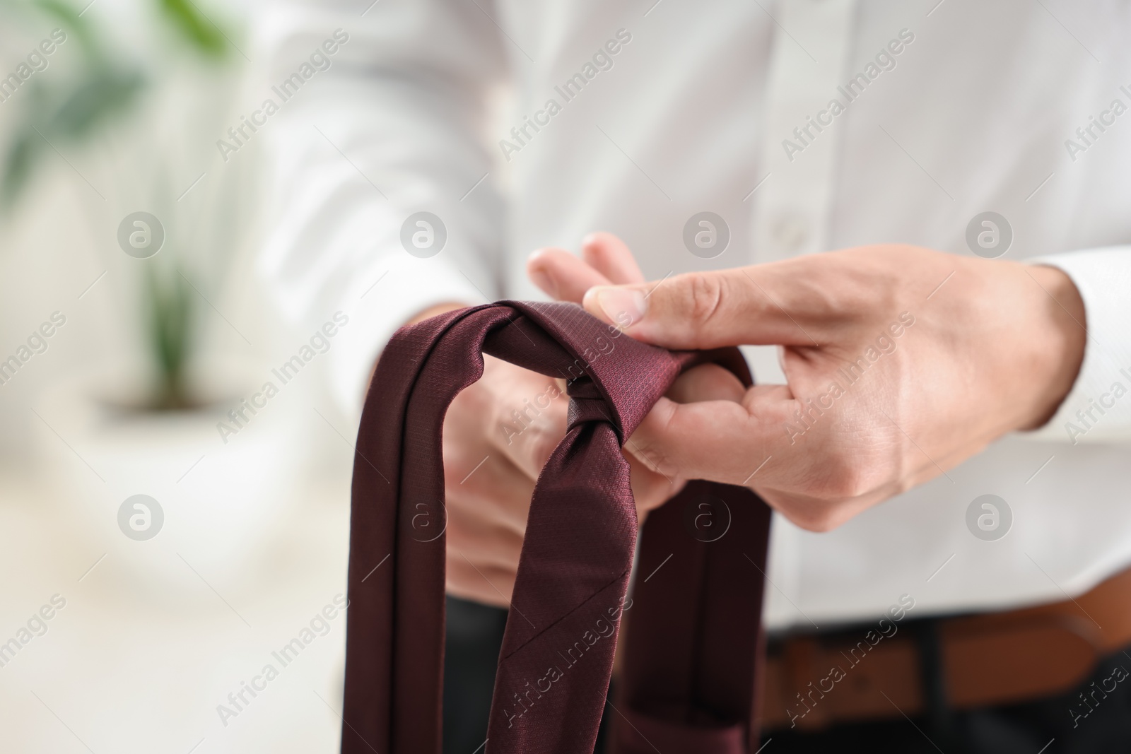 Man with stylish brown necktie at home, closeup Photo of Man with stylish brown necktie at home, closeup