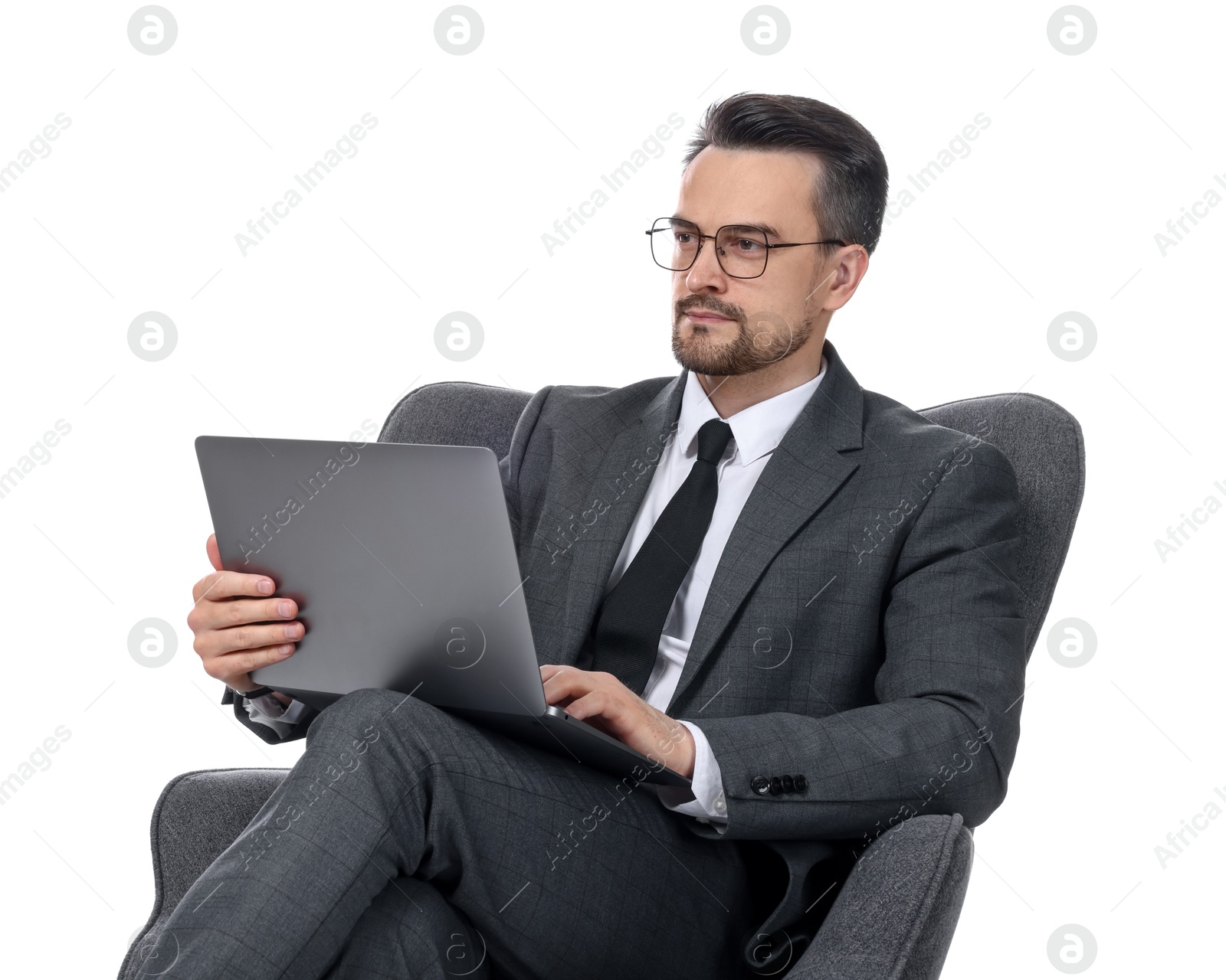 Professional psychologist having online consultation with his client via laptop on white background Photo of Professional psychologist having online consultation with his client via laptop on white background