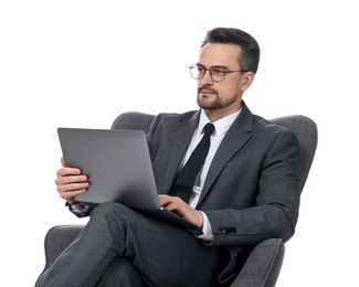Photo of Professional psychologist having online consultation with his client via laptop on white background