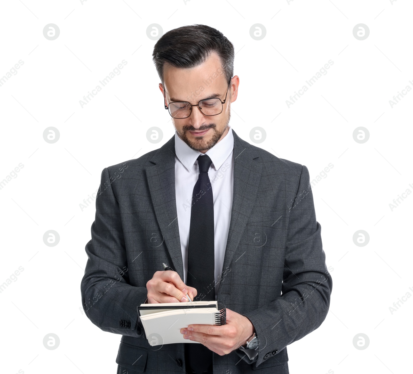 Photo of Professional psychologist with notebook on white background
