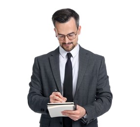 Photo of Professional psychologist with notebook on white background