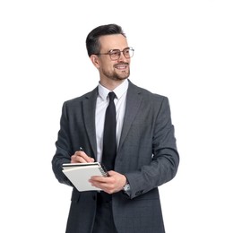 Photo of Professional psychologist with notebook on white background