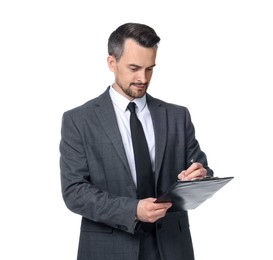 Photo of Professional psychologist with clipboard on white background