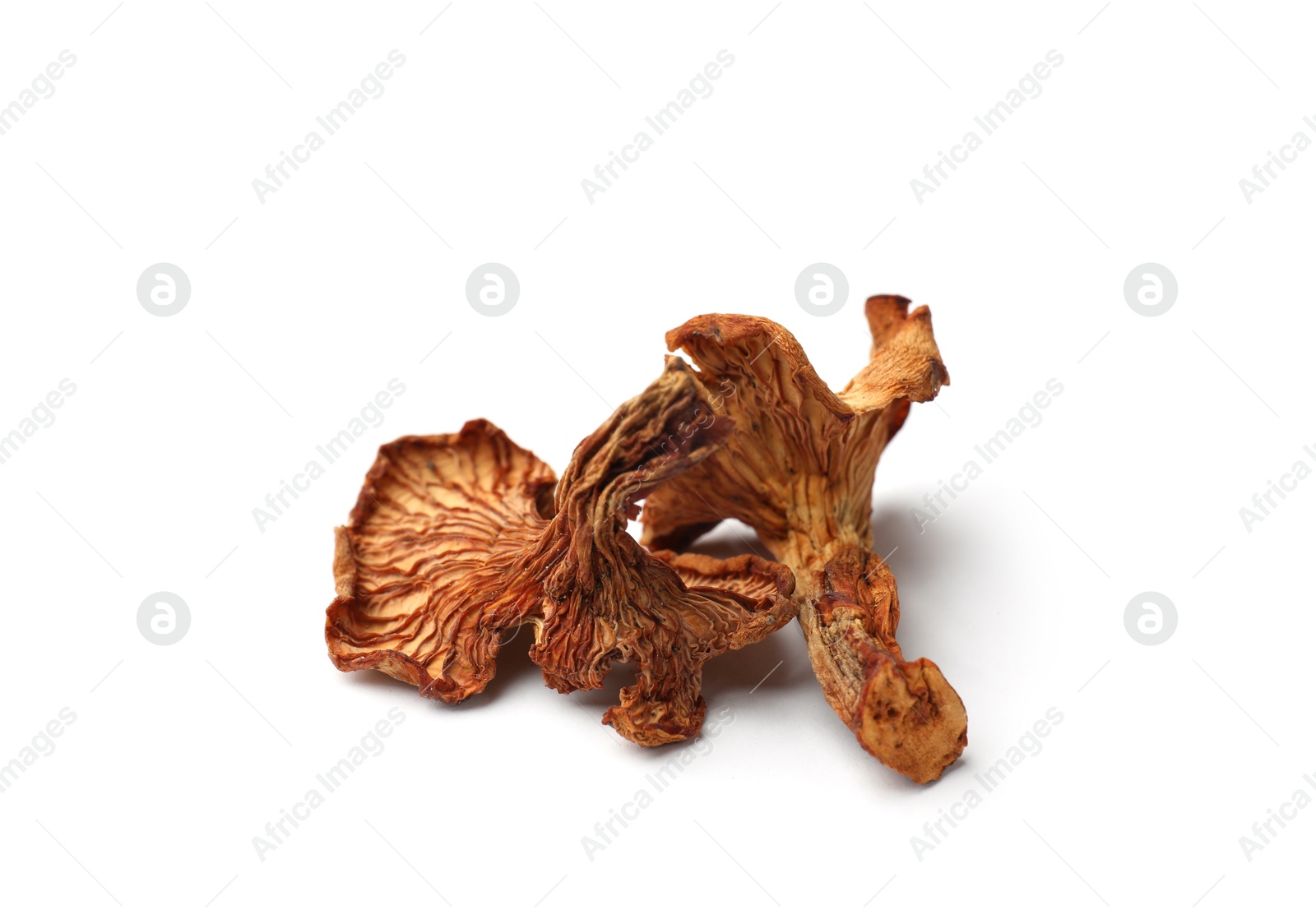 Photo of Many dried chanterelle mushrooms isolated on white