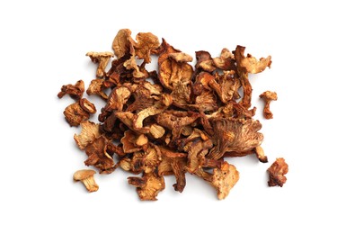 Photo of Many dried chanterelle mushrooms isolated on white, top view