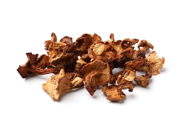 Photo of Many dried chanterelle mushrooms isolated on white