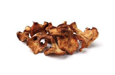 Photo of Many dried chanterelle mushrooms isolated on white