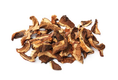 Photo of Pieces of dried mushrooms isolated on white, top view