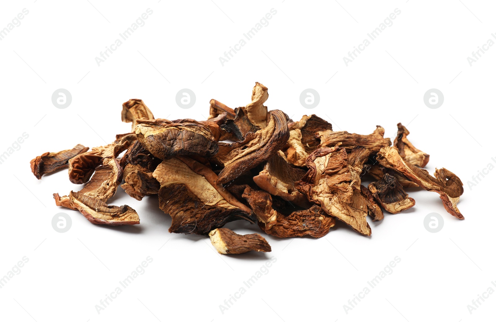 Photo of Pieces of dried mushrooms isolated on white