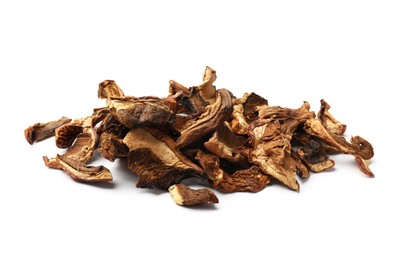 Photo of Pieces of dried mushrooms isolated on white