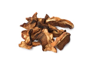Photo of Pieces of dried mushrooms isolated on white, top view