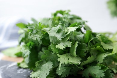 Photo of Fresh green cilantro on table, closeup view