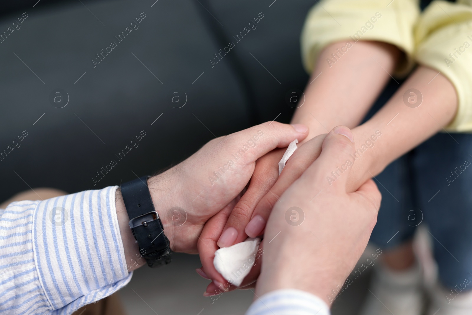 Psychologist supporting patient during therapy session in office, closeup Photo of Psychologist supporting patient during therapy session in office, closeup