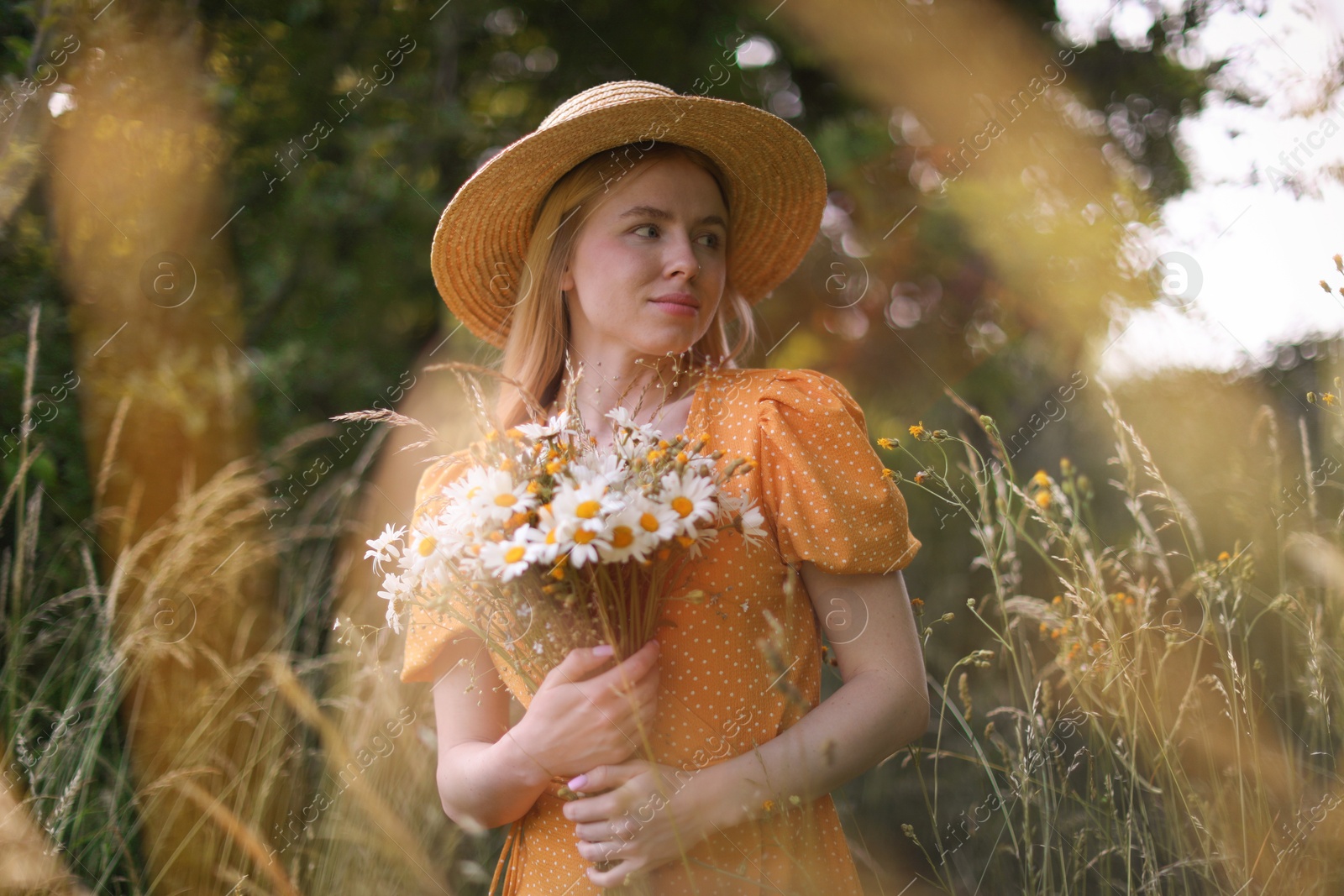 Beautiful woman with bouquet of wildflowers in meadow Photo of Beautiful woman with bouquet of wildflowers in meadow