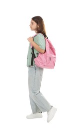 Photo of Teenage girl with backpack on white background