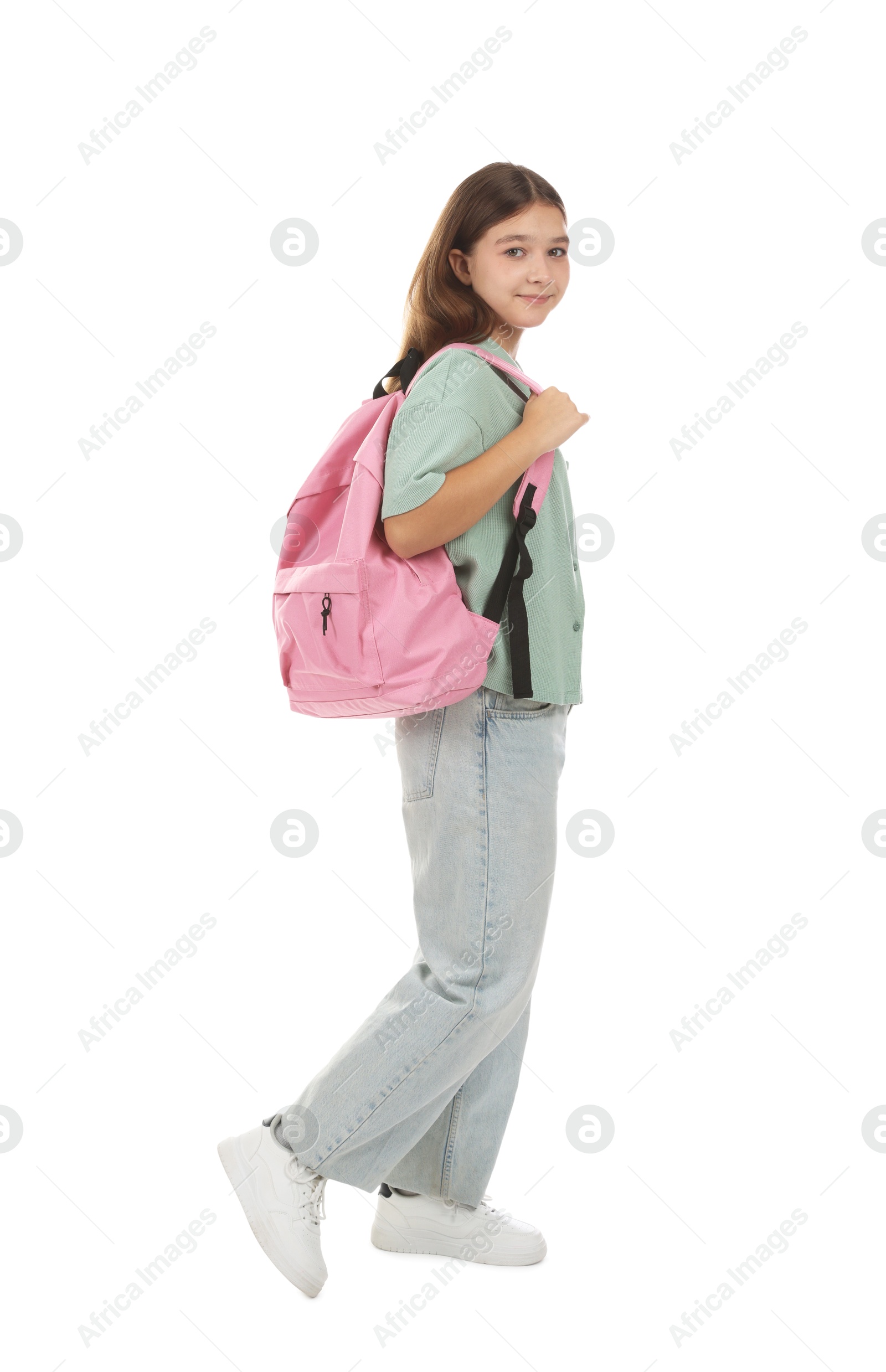 Photo of Teenage girl with backpack on white background