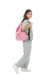 Photo of Teenage girl with backpack on white background