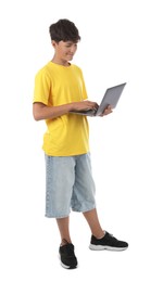 Photo of Teenage boy with laptop on white background