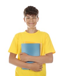 Photo of Teenage boy with notebooks on white background