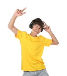 Photo of Teenage boy in headphones on white background