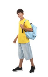 Photo of Teenage boy with backpack on white background