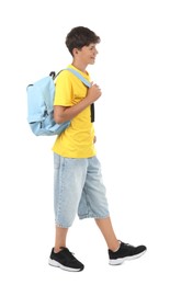 Photo of Teenage boy with backpack on white background