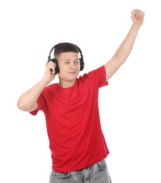 Photo of Teenage boy in headphones on white background