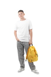 Photo of Teenage boy with backpack on white background