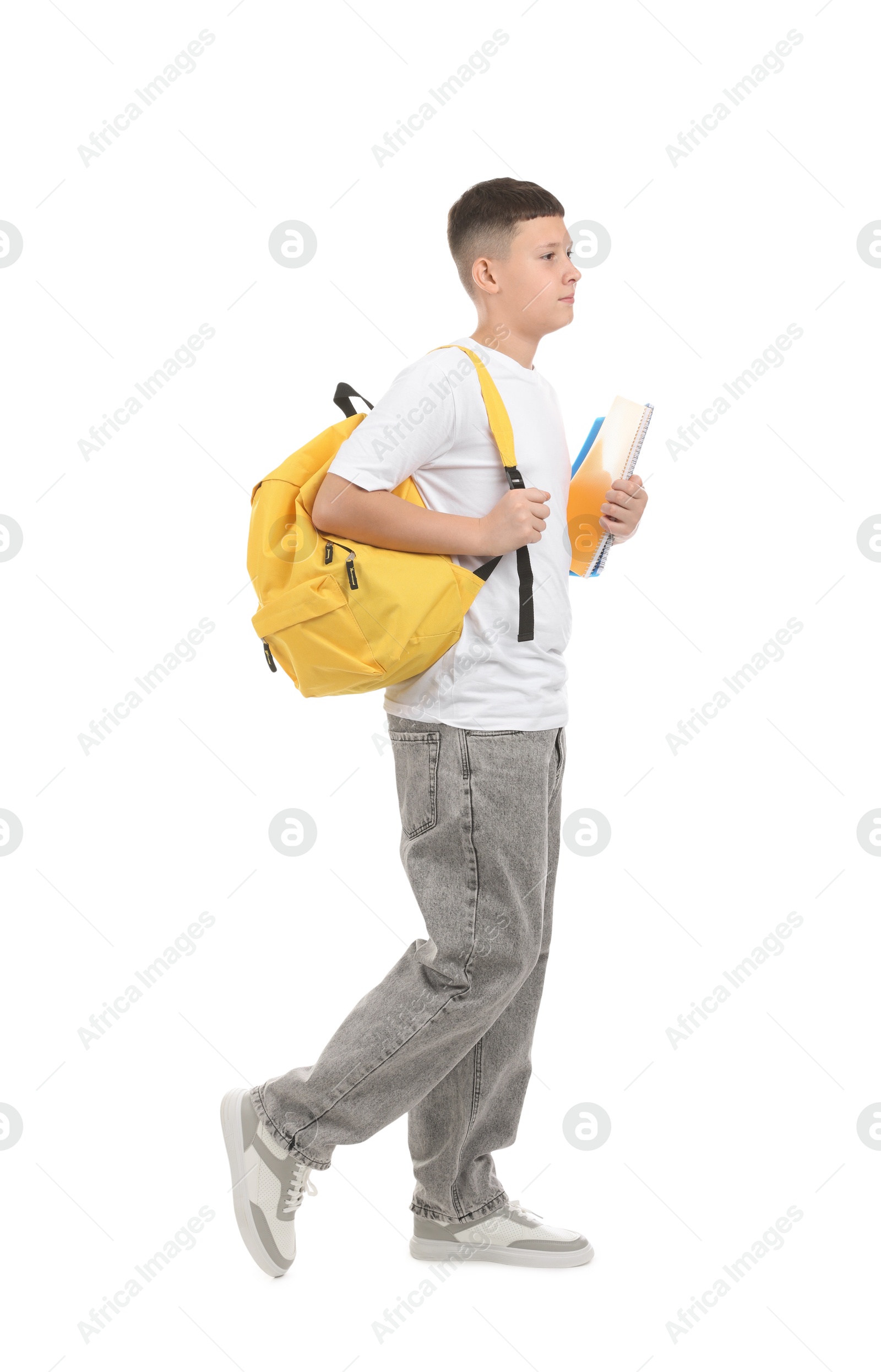 Teenage boy with notebooks and backpack on white background Photo of Teenage boy with notebooks and backpack on white background