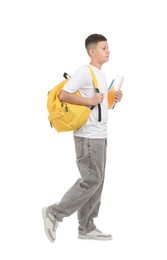 Photo of Teenage boy with notebooks and backpack on white background