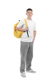 Photo of Teenage boy with backpack on white background