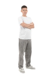 Photo of Portrait of teenage boy on white background