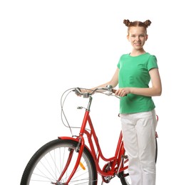 Photo of Teenage girl with red bicycle on white background