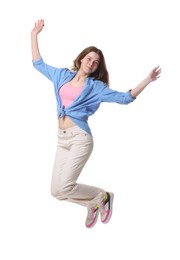 Photo of Portrait of teenage girl jumping on white background