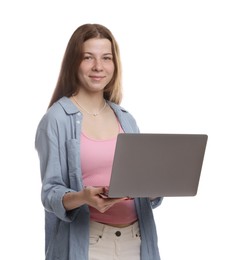 Photo of Teenage girl with laptop on white background