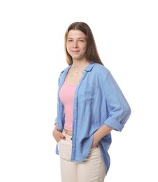 Photo of Portrait of teenage girl on white background