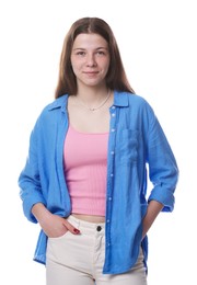 Photo of Portrait of teenage girl on white background