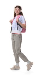 Photo of Teenage girl in headphones with backpack on white background