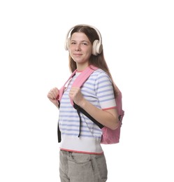 Photo of Teenage girl in headphones with backpack on white background