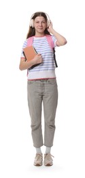 Photo of Teenage girl in headphones with backpack and notebooks on white background