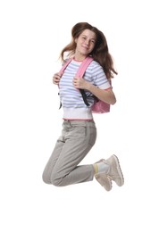 Photo of Teenage girl with backpack jumping on white background