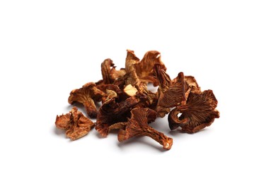 Photo of Many dried chanterelle mushrooms isolated on white